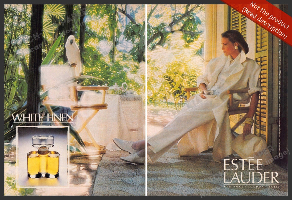 Estee Lauder 1980s Print Advertisement (2 page) 1987 White Linen Cockatoo Bird Estee Lauder