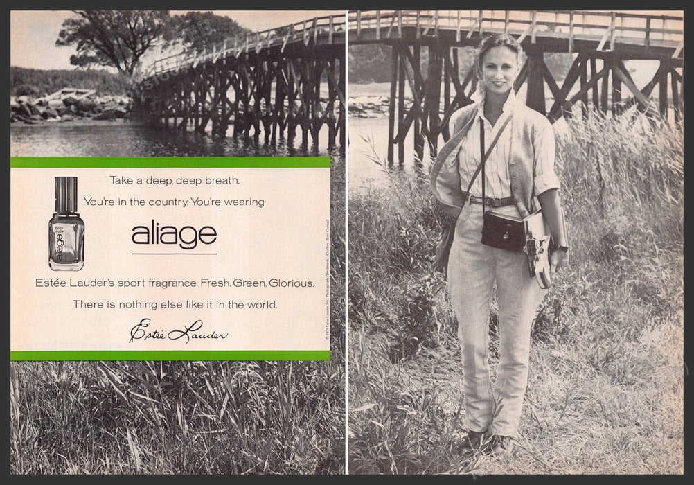 Estee Lauder Aliage 1970s Print Advertisement (2 page) 1979 Woman Grass Stream Fetch-the-Paper