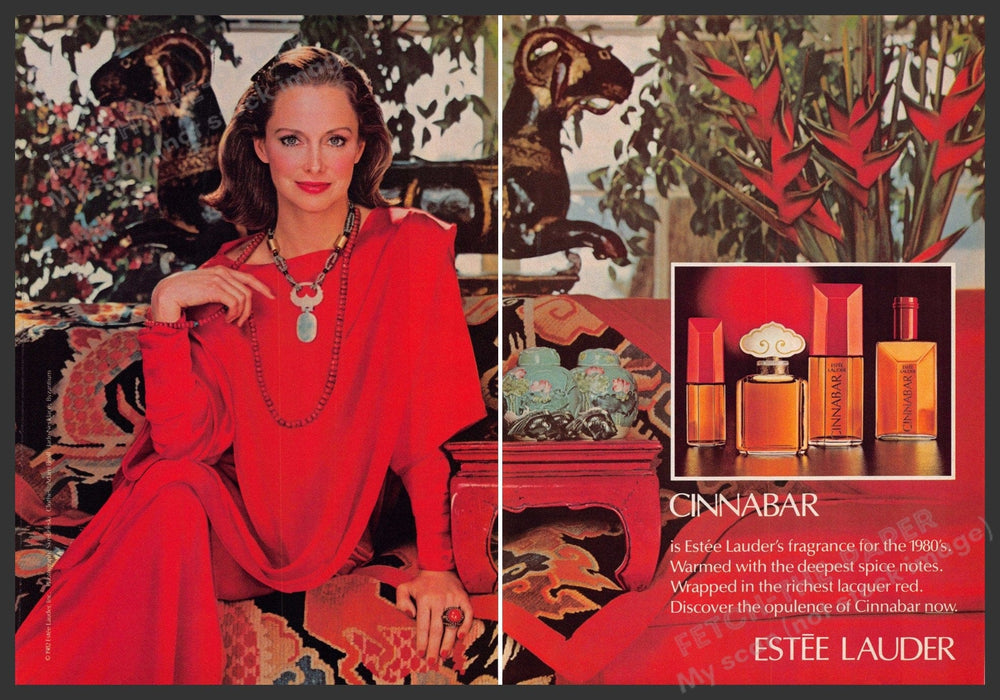 Estee Lauder Cinnabar 1980s Print Advertisement (2 page) 1982 Spice Red Fetch-the-Paper