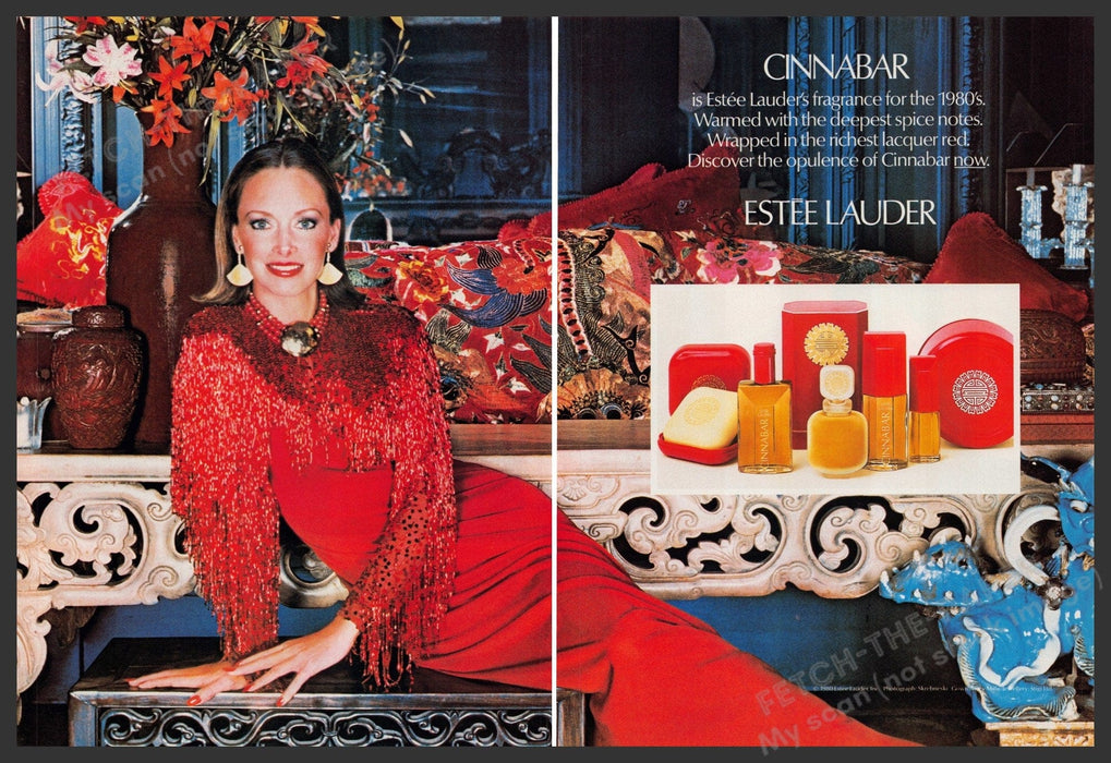 Estee Lauder Cinnabar Fragrance 1980s Print Advertisement (2 pages) 1980 Fetch-the-Paper