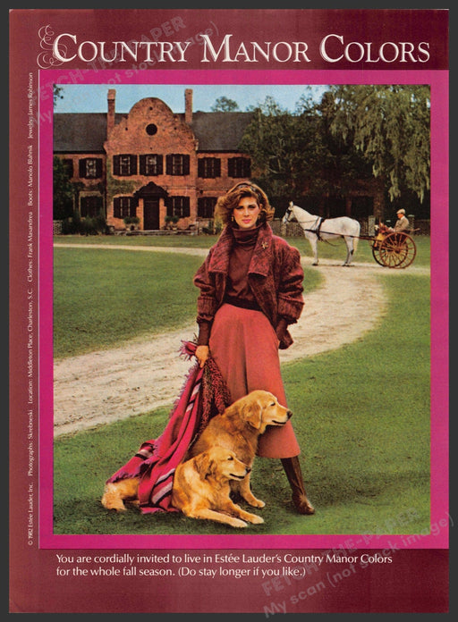 Estee Lauder Country Manor 1980s Print Advertisement 1982 Golden Retriever Dogs Fetch-the-Paper
