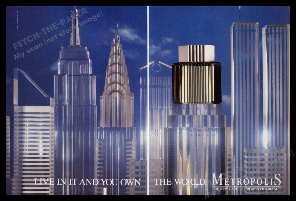 Estee Lauder Metropolis Fragrance 1980s Print Ad (2Pg) 1987 Twin Towers Chrysler Fetch-the-Paper
