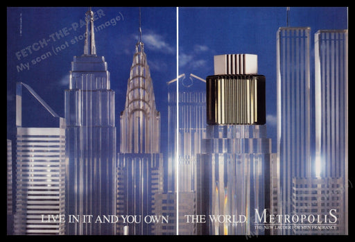 Estee Lauder Metropolis Fragrance 1980s Print Ad (2Pg) 1987 Twin Towers Chrysler Fetch-the-Paper