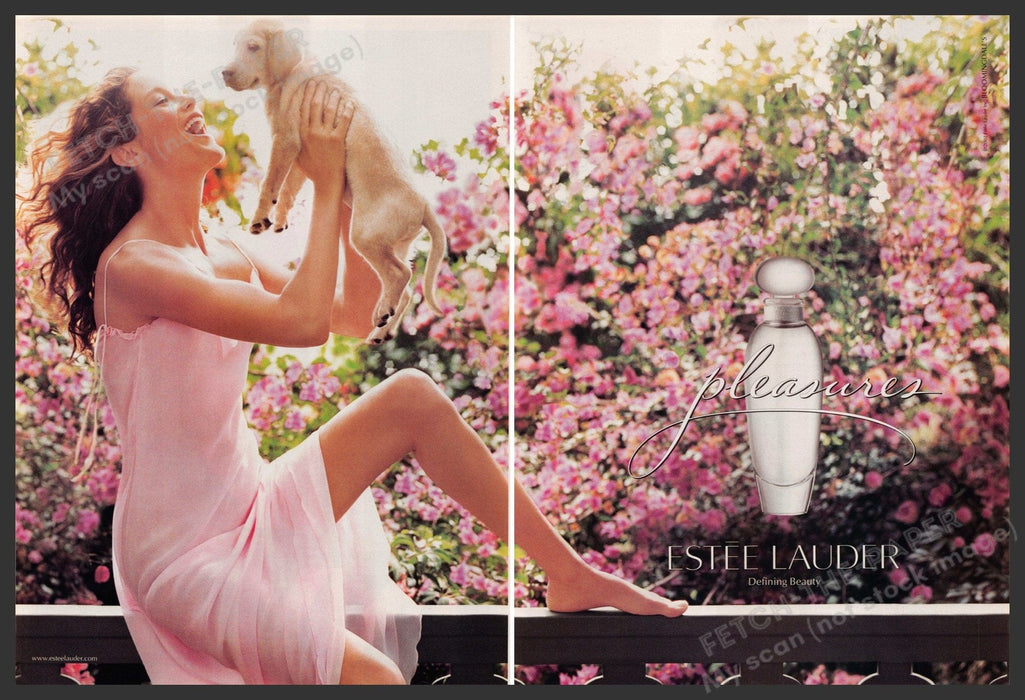 Estee Lauder Pleasures 2000s Print Advertisement (2pg centerfold) 2003 Lab Puppy Fetch-the-Paper