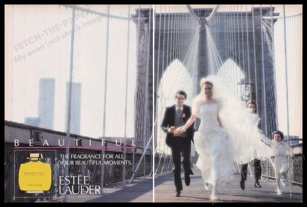 Estee Lauder Twin Towers Brooklyn Bridge 1980s Print Advertisement (2 pgs) 1988 Fetch the Paper!