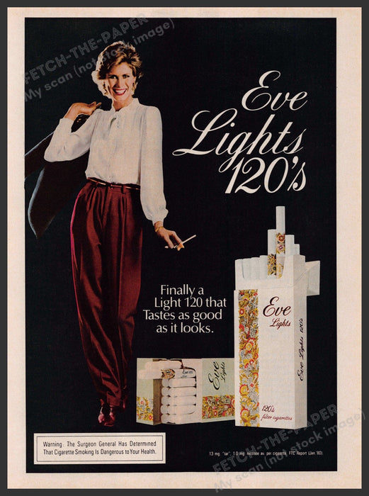Eve Lights 120's Cigarettes 1980s Print Advertisement 1981 Lady Smoking Fetch-the-Paper