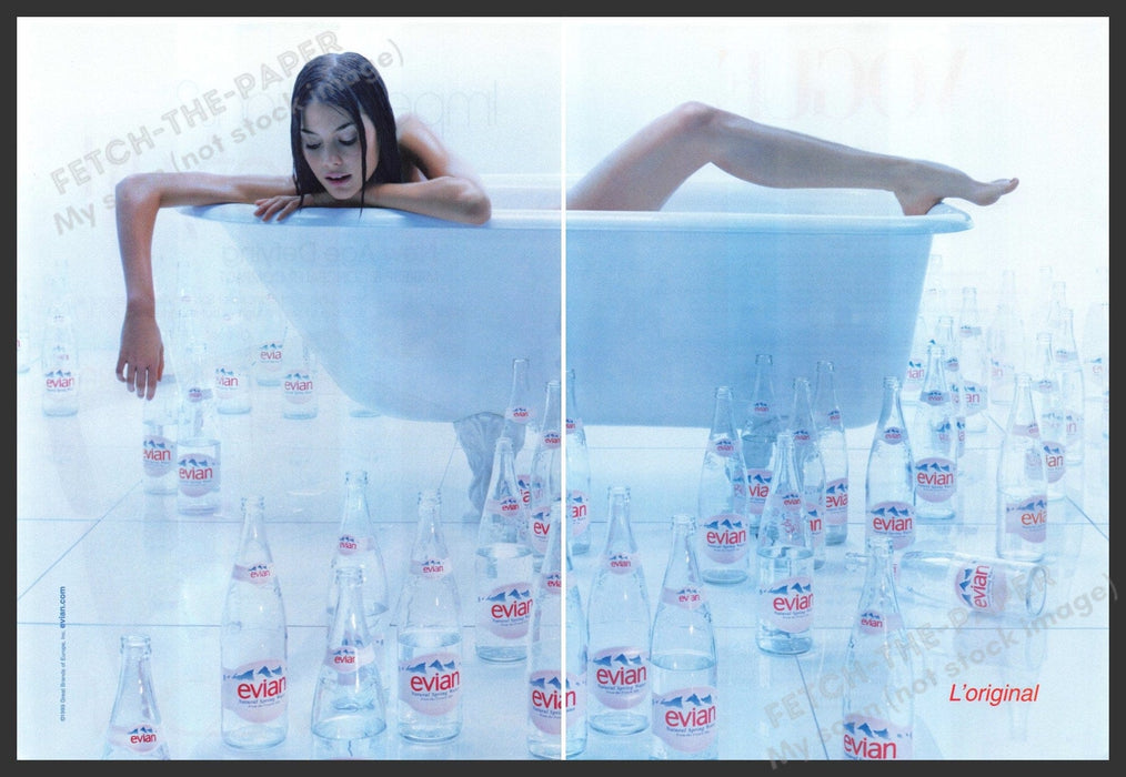 Evian Water 1990s Print Advertisement (2 page) 1999 Filled Bathtub Leg Fetch-the-Paper
