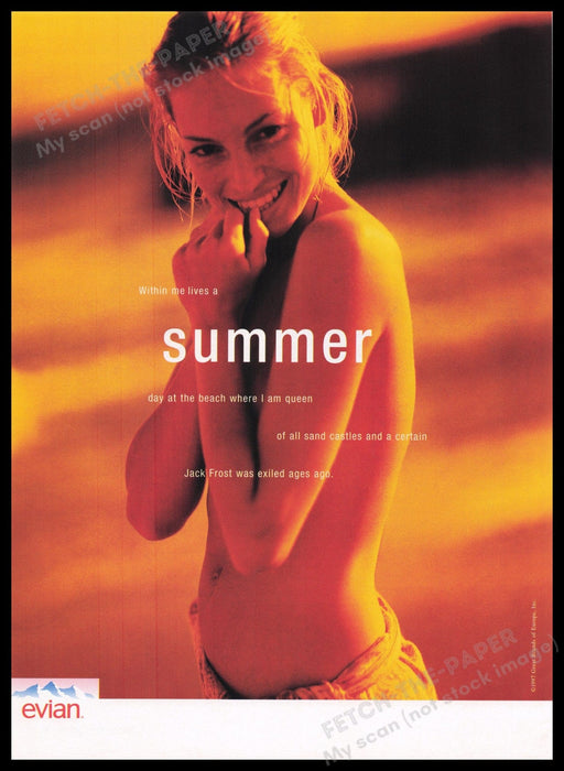 Evian Water 1990s Print Advertisement Ad 1997 Topless Model Summer Beach Fetch the Paper!