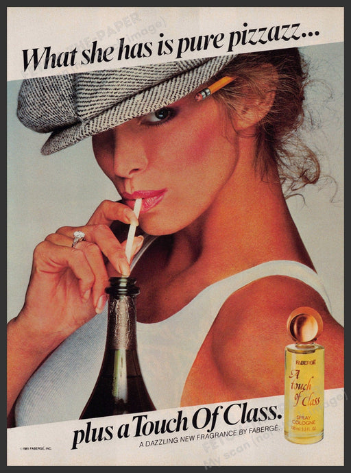 Faberge "A touch of class" 1980s Print Advertisement 1981 Woman Drinking Straw Fetch-the-Paper