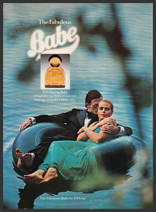 Faberge Babe Fragrance 1970s Print Advertisement Ad 1977 Couple Tube Water Fetch-the-Paper
