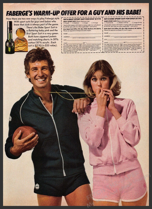 Faberge Babe Sport Suit 1980s Print Advertisement 1982 Workout Gear Couple Fetch-the-Paper