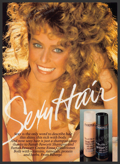 Faberge Hair Farrah Fawcett 1980s Print Advertisement 1982 Big Hair Fetch-the-Paper