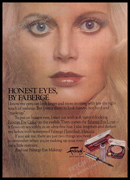 Faberge Honest Eyes 1970s Print Advertisement 1977 Blonde Face Faberge Honest Eyes