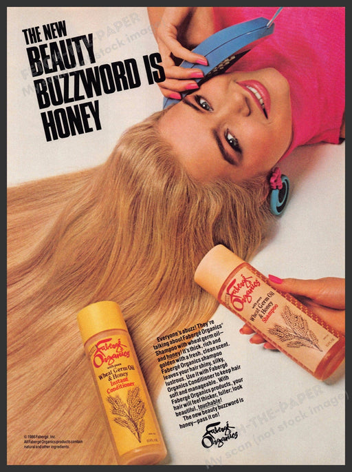 Faberge Organics 1980s Magazine Print Advertisement 1986 Girl on Blue Telephone Faberge Organics