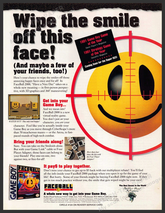 Faceball "Have a Nice Day" Video Game 1990s Print Advertisement 1992 Faceball