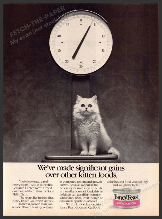 Fancy Feast 1980s Magazine Print Advertisement 1988 White Kitten on Scale Fetch-the-Paper