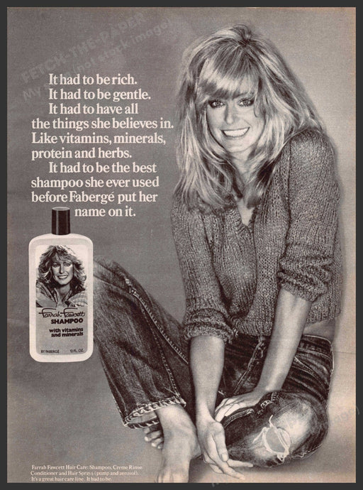 Farrah Fawcett Shampoo 1970s Print Advertisement 1979 Sitting Big Hair Farrah Fawcett Shampoo