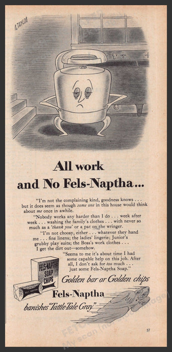 Fels-Naptha Laundry Soap 1940s Print Advertisement Ad 1949 Sad Washing Machine Fetch-the-Paper