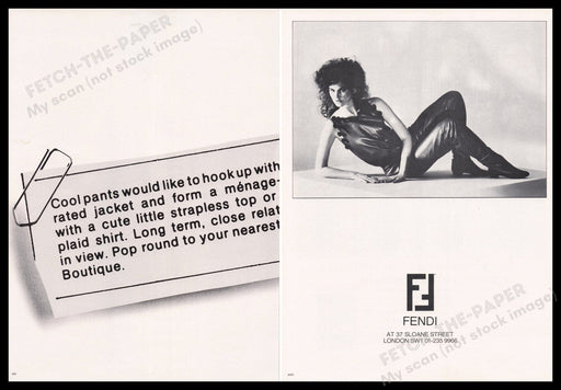 Fendi Clothing 1980s Print Advertisement (2 pages) 1982 Want Ads Sexy Model Fetch the Paper!