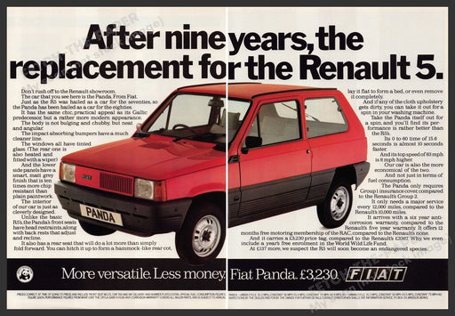 Fiat Panda Car 1980s Print Advertisement (2 pages) 1982 Fetch the Paper!