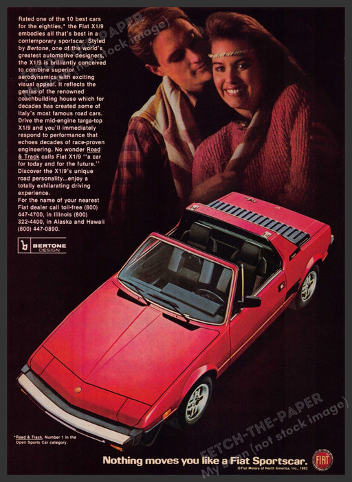 Fiat X1/9 Sportscar 1980s Print Advertisement 1982 Red Couple Fetch-the-Paper