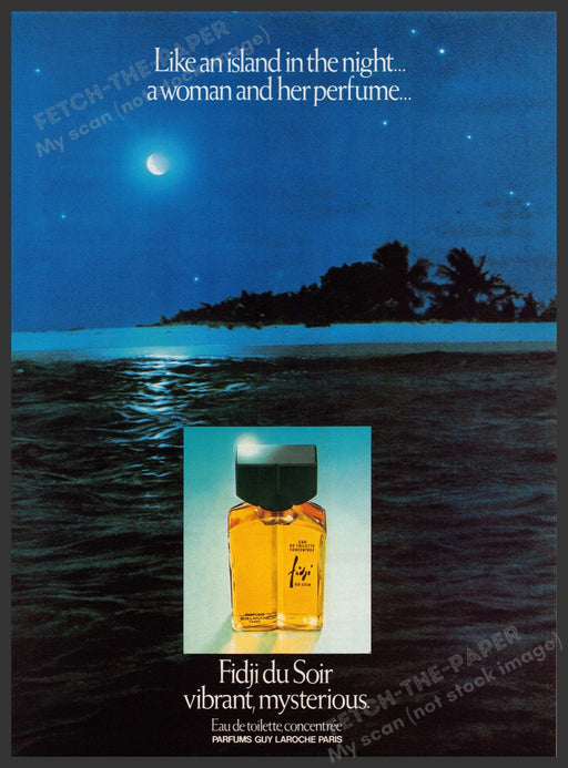 Fidji du Soir Fragrance 1970s Print Advertisement Ad 1978 "Like an island..." Fetch-the-Paper