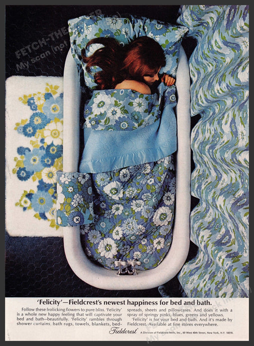 Fieldcrest 'Felicity' For Bed & Bath Linens 1960s Print Advertisement Ad 1969 Fetch the Paper!