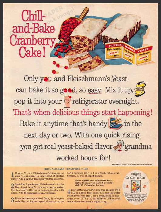 Fleischmann's Yeast 1960s Print Ad 1961 "Chill and Bake Cranberry Cake" Recipe Fleischmann's Yeast