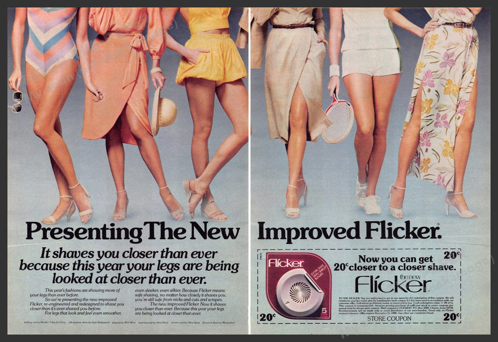 Flicker Shave 1970s Print Advertisement (2 pgs) 1979 Legs Closer Flicker