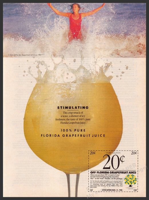 Florida Grapefruit Juice 1980s Print Advertisement Ad 1987 Girl Splashing Florida Grapefruit Juice