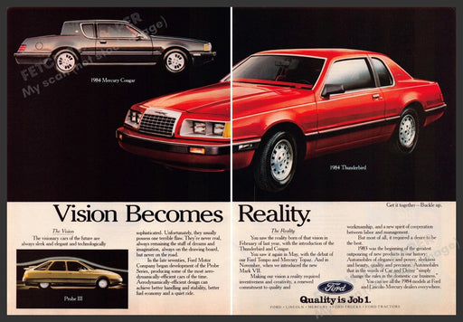 Ford 1980s Magazine Print Ad (2 pages) 1984 Cougar Probe III Thunderbird Ford