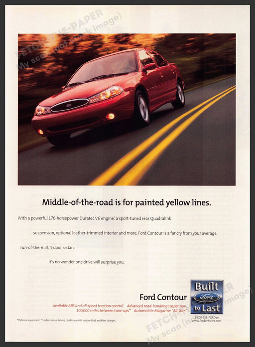 Ford Contour 1990s Magazine Print Advertisement 1998 "Middle-of-the-road..lines" Fetch-the-Paper