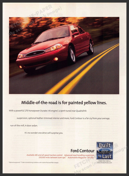 Ford Contour 1990s Magazine Print Advertisement 1998 "Middle-of-the-road..lines" Fetch-the-Paper