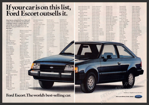 Ford Escort Car 1980s Print Advertisement Ad (2 pages) 1985 List Outsells Them Fetch the Paper!