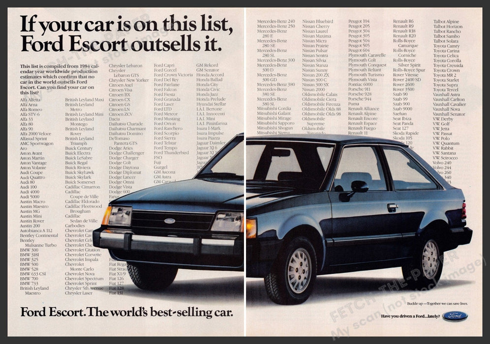 Ford Escort Car 1980s Print Advertisement Ad (2 pages) 1985 List Outsells Them Fetch the Paper!