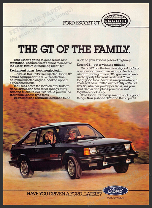 Ford Escort GT Car 1980s Print Advertisement 1982 "The GT of the family" Fetch-the-Paper