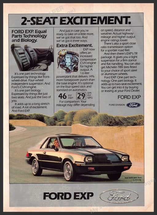 Ford EXP 1980s Print Advertisement 1982 2-Seat Excitement Couple Driving Road Fetch-the-Paper