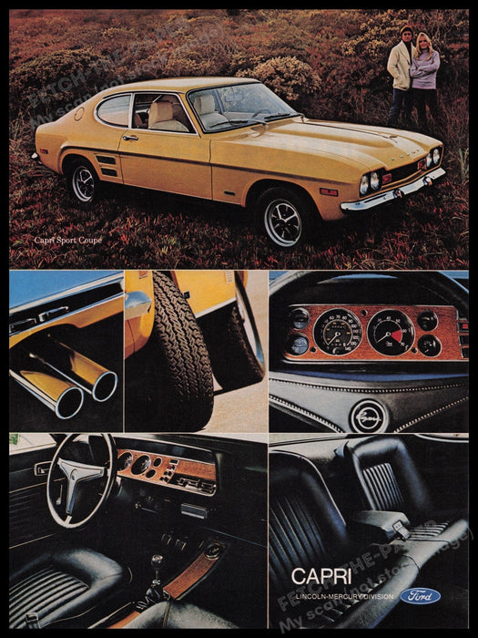 Ford Lincoln-Mercury Capri Yellow Car 1970s Print Advertisement Ad 1972 Interior Fetch-the-Paper