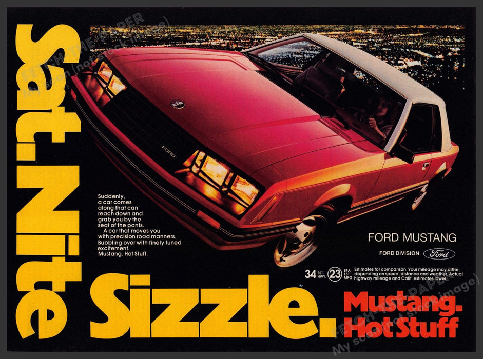 Ford Mustang 1980s Print Advertisement 1981 Sat. Nite Sizzle City Night Lights Fetch-the-Paper