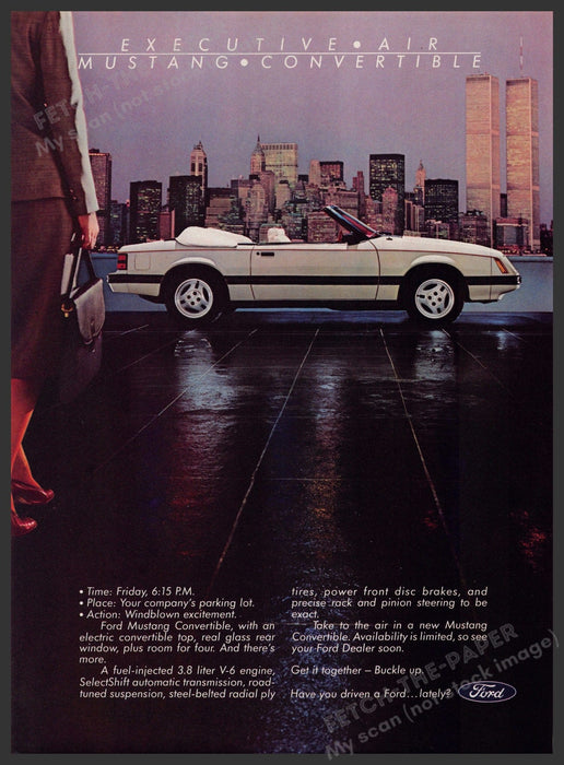 Ford Mustang Convertible 1980s Print Advertisement 1984 NYC Twin Towers Fetch-the-Paper