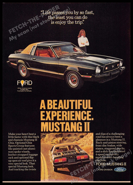 Ford Mustang II 1970s Print Advertisement 1977 "A beautiful experience" Ford Mustang II