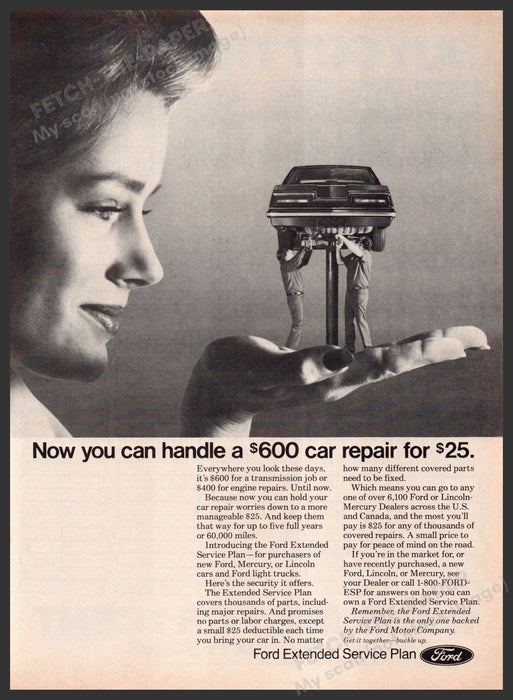 Ford Repair 1980s Print Advertisement 1984 Palm of Hand Mechanics Car Lift Fetch-the-Paper