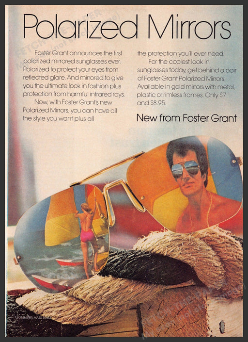 Foster Grant Sunglasses 1970s Print Advertisement 1976 Polarized Mirrors Girl Fetch-the-Paper