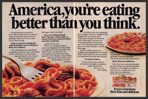 Franco-American 1980s Magazine Print Advertisement (2 pgs) 1983 MSU Franco-American