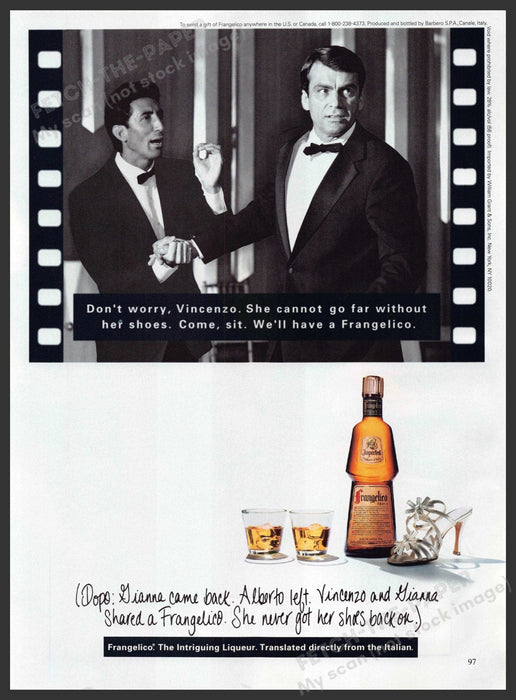 Frangelico 1990s Print Advertisement 1994 "She cannot go far without her shoes" Fetch-the-Paper