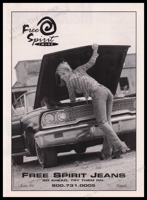 Free Spirit Jeans Girl Mechanic 1990s Print Advertisement Ad 1997 Under the Hood Fetch the Paper!