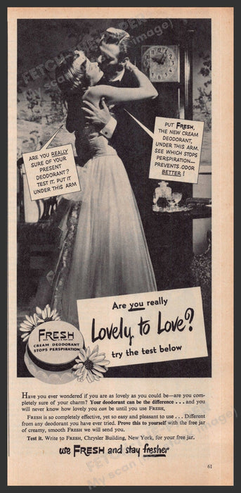 Fresh Cream Deodorant 1940s Print Advertisement Ad 1949 Kissing Couple Fetch-the-Paper