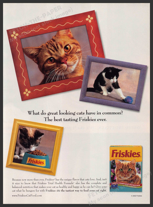 Friskies Cat Food 2000s Print Advertisement 2002 Kitty Pictures Fetch-the-Paper