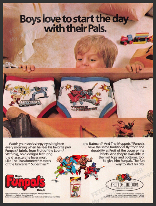 Fruit of the Loom 1980s Magazine Print Advertisement 1985 Boys' Funpals Briefs Fruit of the Loom