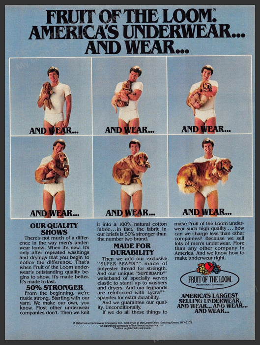Fruit of the Loom 1980s Magazine Print Advertisement Men's Underwear Dog 1984 Fruit of the Loom